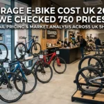 Modern UK electric bike shop showroom showing commuter and mountain e-bikes with pricing analysis banner