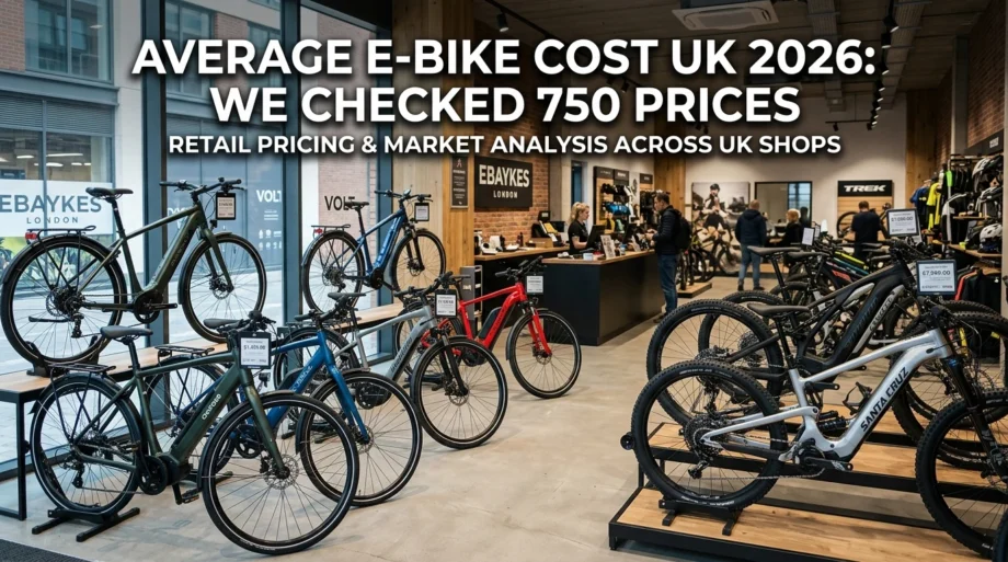 Modern UK electric bike shop showroom showing commuter and mountain e-bikes with pricing analysis banner