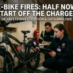 UK fire safety officers with thermal imaging camera inspecting an electric bike battery in a hallway