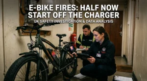 UK fire safety officers with thermal imaging camera inspecting an electric bike battery in a hallway