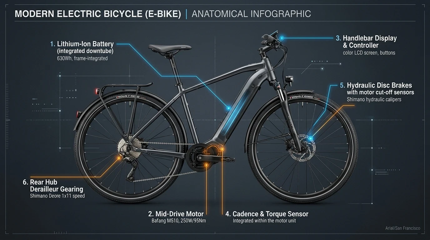 Technical anatomical diagram of a modern electric bicycle showing battery, mid-drive motor, sensors, display, and disc brakes